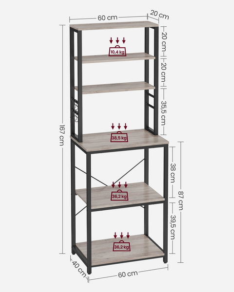 Rootz Standing Shelf Kitchen - Industrial Organizer - Grey-Black Storage - Sturdy Chipboard & Steel - 40 x 60 x 167 cm