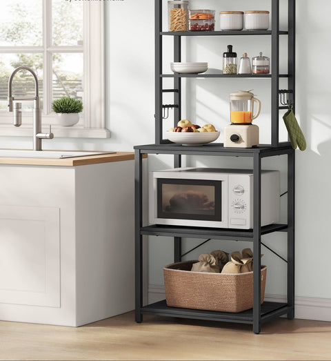 Rootz Kitchen Shelf Unit - Storage Rack - Organizing Stand - 6 Shelves & Hooks -  - Black - 40 x 60 x 167 cm
