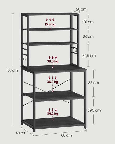 Rootz Kitchen Shelf Unit - Storage Rack - Organizing Stand - 6 Shelves & Hooks -  - Black - 40 x 60 x 167 cm