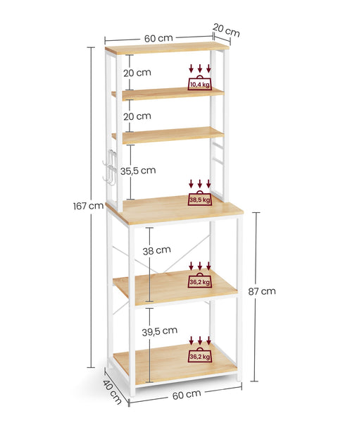 Rootz Kitchen Standing Shelf - Oak White Storage Rack - Steel Frame - Chipboard - 40cm x 60cm x 167cm - 16.1kg Weight - Adjustable Shelves