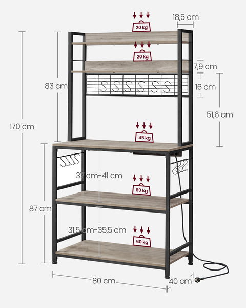 Rootz Greige Black Cake Rack - Storage Shelf - Chipboard Steel - Heavy Duty - Easy Assembly - 40cm x 80cm x 170cm
