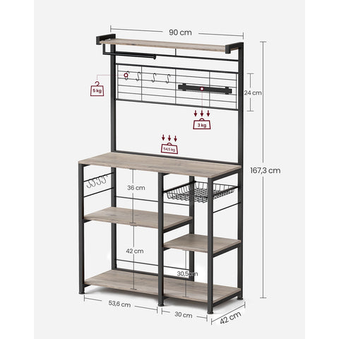 Rootz Greige Black Kitchen Storage Rack - Chipboard Steel Organizer - Pantry Shelf - Heavy Duty - 42cm x 90cm x 167.3cm