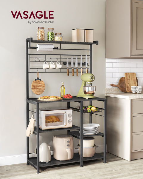 Rootz Ebony-Black Kitchen Baker's Rack - Storage Rack - Organizer - Chipboard and Steel - 42cm x 90cm x 167.3cm - Heavy Duty - Multi-functional - Space-saving