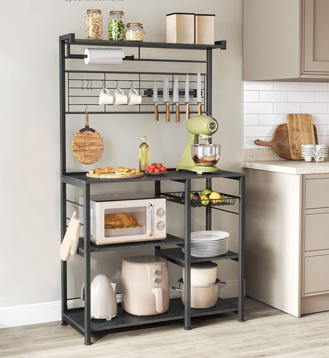 Rootz Kitchen Shelf with Magnetic Strip 12 Hooks Ebony-Black - Chipboard Steel Durable Storage - 42cm x 90cm x 167.3cm