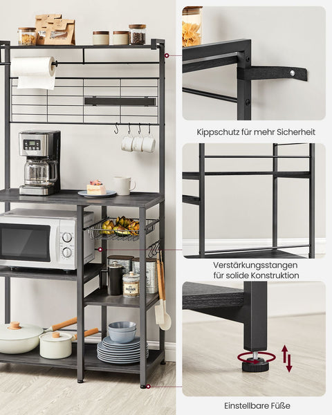 Rootz Ebony-Black Kitchen Baker's Rack - Storage Rack - Organizer - Chipboard and Steel - 42cm x 90cm x 167.3cm - Heavy Duty - Multi-functional - Space-saving