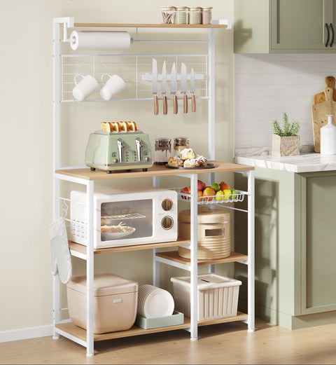 Rootz Standing Shelf with 12 Hooks - Kitchen Roll Holder - Brown- White - Space Saver - 42x90x167.3cm