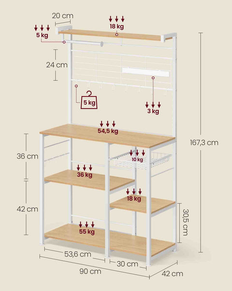 Rootz Standing Shelf with 12 Hooks - Kitchen Roll Holder - Brown- White - Space Saver - 42x90x167.3cm