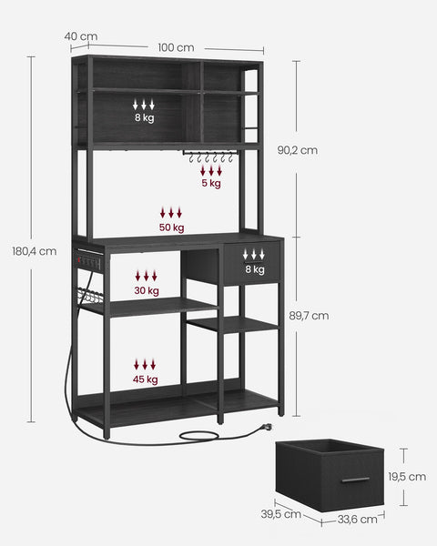 Rootz Kitchen Shelf with Sockets - Storage Unit - Multi-Functional Rack - High Capacity - 40cm x 100cm x 180.4cm