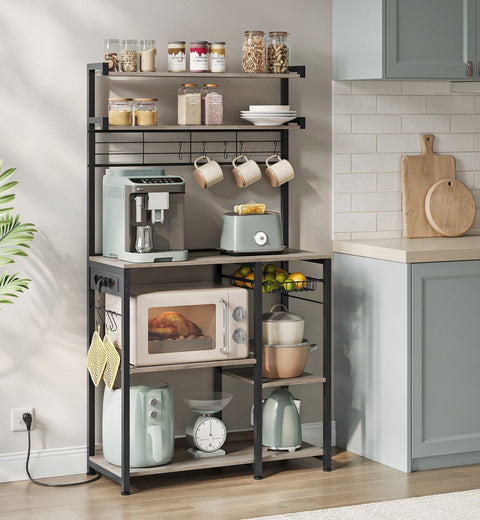 Rootz Standing Shelf with Sockets and Basket - Greige Mottled - Ink Black - Chipboard - Steel - 40cm x 90cm x 165.5cm - 19.2kg. Ideal for Organization