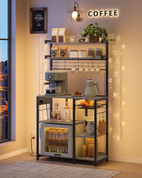 Rootz Standing Shelf with Sockets and Basket - Greige Mottled - Ink Black - Chipboard - Steel - 40cm x 90cm x 165.5cm - 19.2kg. Ideal for Organization