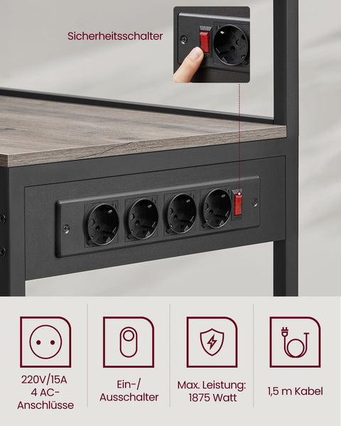 Rootz Standing Shelf with Sockets and Basket - Greige Mottled - Ink Black - Chipboard - Steel - 40cm x 90cm x 165.5cm - 19.2kg. Ideal for Organization