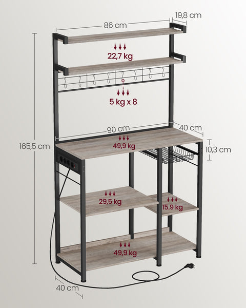 Rootz Standing Shelf with Sockets and Basket - Greige Mottled - Ink Black - Chipboard - Steel - 40cm x 90cm x 165.5cm - 19.2kg. Ideal for Organization