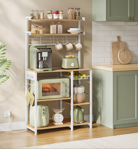 Rootz Standing Shelf Unit - Bookcase - Storage Rack - Sockets & Basket - Brown &  White - 40 x 90 x 165.5 cm