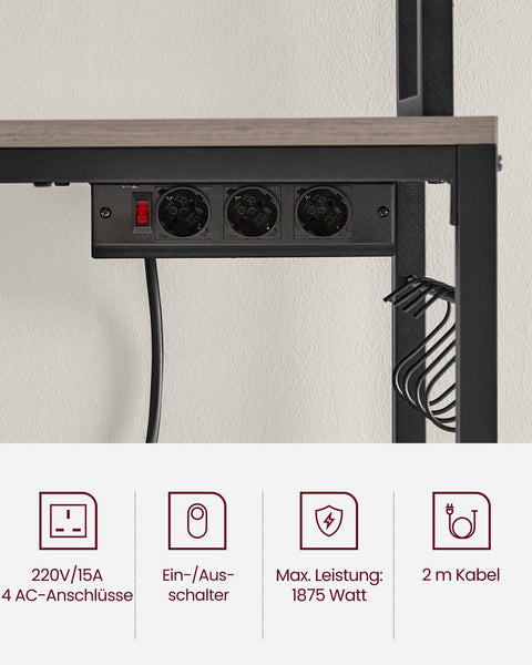 Rootz Standing Shelf with Sockets - Storage Unit - Organizer - Durable Chipboard - 40cm x 60cm x 170cm - Brown-Black