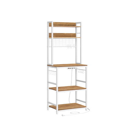 Rootz Standing Shelf with Sockets - Storage Rack - Utility Shelf - 14 Hooks - Space-Saving Design - 40 x 60 x 170 cm - Brown-White