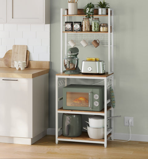 Rootz Standing Shelf with Sockets - Storage Rack - Utility Shelf - 14 Hooks - Space-Saving Design - 40 x 60 x 170 cm - Brown-White