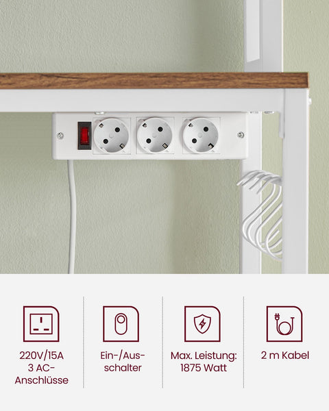 Rootz Standing Shelf with Sockets - Storage Rack - Utility Shelf - 14 Hooks - Space-Saving Design - 40 x 60 x 170 cm - Brown-White