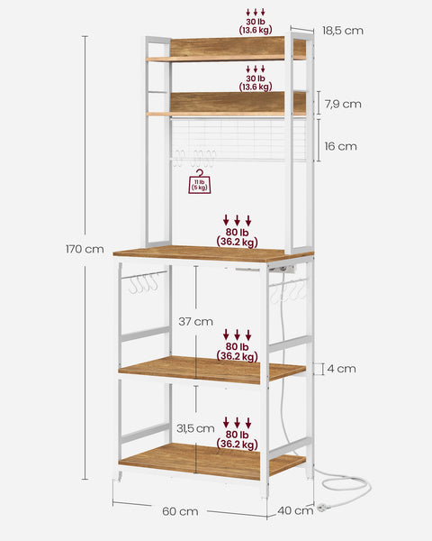 Rootz 5 Tier Cake Rack - Walnut Brown-White - Chipboard Steel - Storage Organizer - Sturdy Construction - Easy Assembly - 40cm x 60cm x 170cm