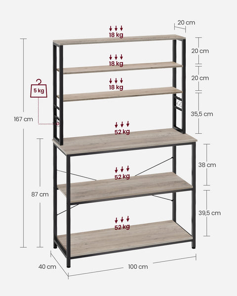 Rootz 6 Tier Kitchen Shelf - Storage Rack - Adjustable Shelving - Chipboard and Steel - 40cm x 100cm x 167cm - Greige Black - Max. load 52kg