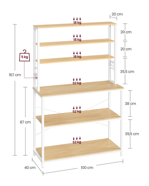 Rootz Oak White Cake Rack - Kitchen Organizer - Storage Shelf - Chipboard and Steel - 40cm x 100cm x 167cm - Heavy Duty - Easy Assembly - Anti-tip Feature