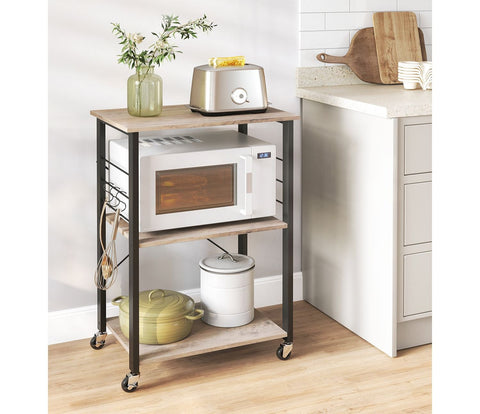 Rootz 3-Level Kitchen Shelf on Wheels - Rolling Storage Rack - Mobile Organizer - 80kg Capacity - 40cm x 60cm x 89cm - Greige Black