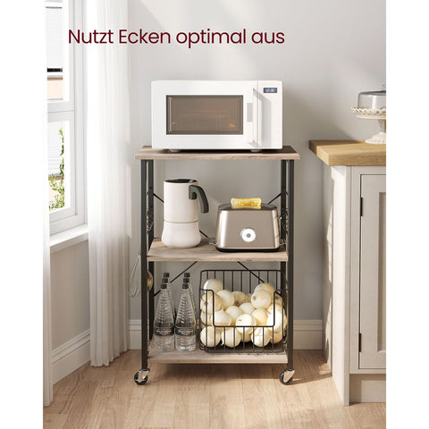 Rootz 3-Level Kitchen Shelf on Wheels - Rolling Storage Rack - Mobile Organizer - 80kg Capacity - 40cm x 60cm x 89cm - Greige Black