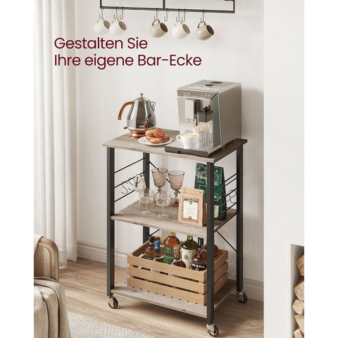 Rootz 3-Level Kitchen Shelf on Wheels - Rolling Storage Rack - Mobile Organizer - 80kg Capacity - 40cm x 60cm x 89cm - Greige Black