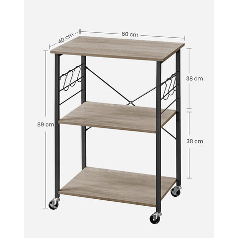 Rootz 3-Level Kitchen Shelf on Wheels - Rolling Storage Rack - Mobile Organizer - 80kg Capacity - 40cm x 60cm x 89cm - Greige Black