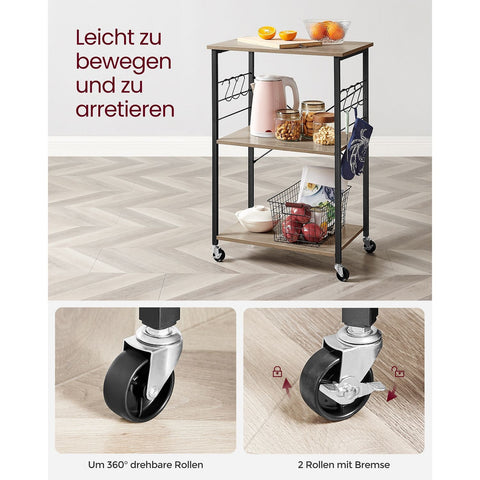 Rootz 3-Level Kitchen Shelf on Wheels - Rolling Storage Rack - Mobile Organizer - 80kg Capacity - 40cm x 60cm x 89cm - Greige Black