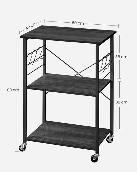 Rootz Kitchen Shelf on Wheels - Storage Rack - Rolling Organizer - 80kg Capacity - 40cm x 60cm x 89cm - Black Metal Frame