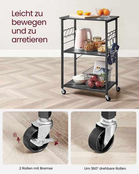 Rootz Kitchen Shelf on Wheels - Storage Rack - Rolling Organizer - 80kg Capacity - 40cm x 60cm x 89cm - Black Metal Frame