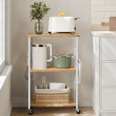 Rootz Rolling Shelf with Wheels - Mobile Storage Rack - Chipboard - Steel - 40 cm x 60 cm x 89 cm - 10kg - Golden Oak Cloud White