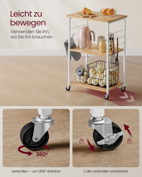 Rootz Rolling Shelf with Wheels - Mobile Storage Rack - Chipboard - Steel - 40 cm x 60 cm x 89 cm - 10kg - Golden Oak Cloud White