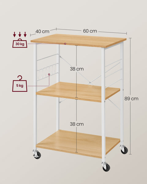 Rootz Rolling Shelf with Wheels - Mobile Storage Rack - Chipboard - Steel - 40 cm x 60 cm x 89 cm - 10kg - Golden Oak Cloud White