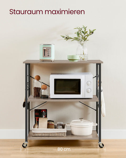 Rootz Kitchen Shelf 3-Tier Cart - Rolling Storage Rack - Greige Mottled Black - Chipboard Steel - 40cm x 80cm x 89cm
