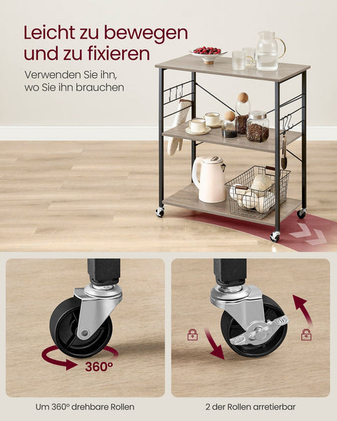 Rootz Rolling Shelf - Mobile Storage Rack - Wheeled Organizer - Chipboard Steel - 40cm x 80cm x 89cm - Greige Black - 12kg - 123kg Capacity