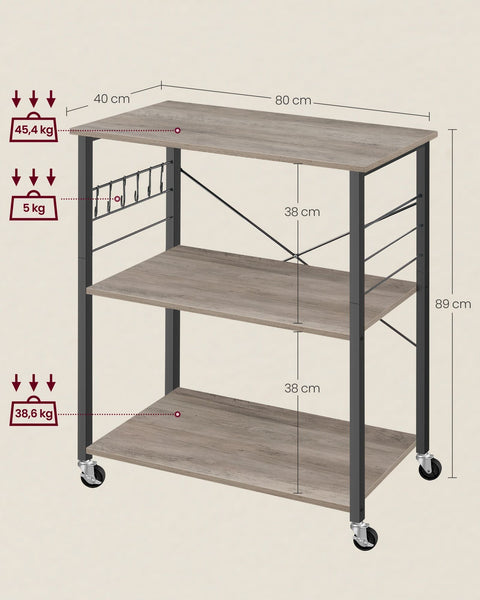 Rootz Kitchen Shelf 3-Tier Cart - Rolling Storage Rack - Greige Mottled Black - Chipboard Steel - 40cm x 80cm x 89cm