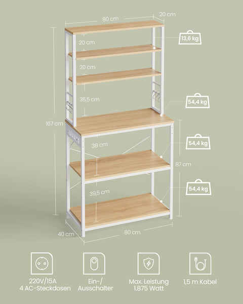 Rootz Kitchen Shelf with Sockets - Golden Oak Cloud White - Chipboard Steel - 40cm x 80cm x 167cm - Modern Storage Unit - 21.2kg