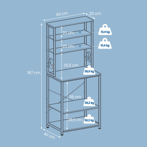 Rootz Standing Kitchen Shelf - Microwave Stand - 6-Tier Shelving Unit - Maximizes Space - 40cm x 60cm x 167cm