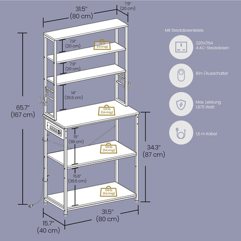 Rootz Kitchen Shelf with Sockets - Stand Shelf - Microwave Shelf - Wall Mount Stability - 40cm x 80cm x 167cm