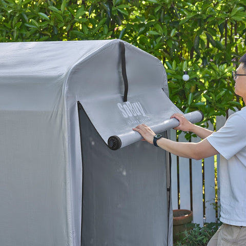 Rootz Outdoor Storage Shelter - Weatherproof Canopy - Iron & PE Garage - Spacious & Ventilated - 120x163x176cm