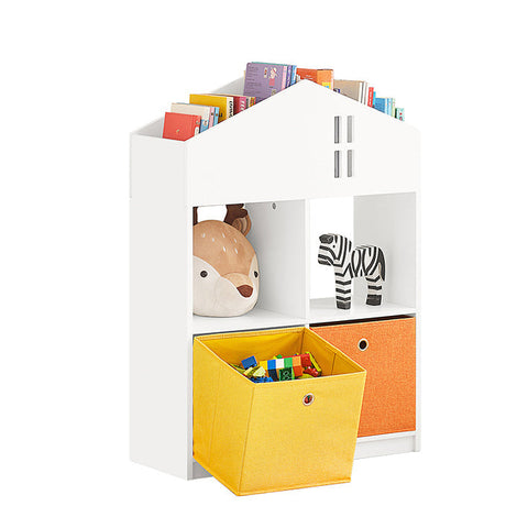 Rootz Children's Bookshelf and Storage Organizer - Toy Shelf - Book Rack - Includes 4 Compartments and 2 Fabric Boxes - Wall Secure with Tilt Lock - MDF and Non-Woven Fabric - 65cm x 91cm x 27cm