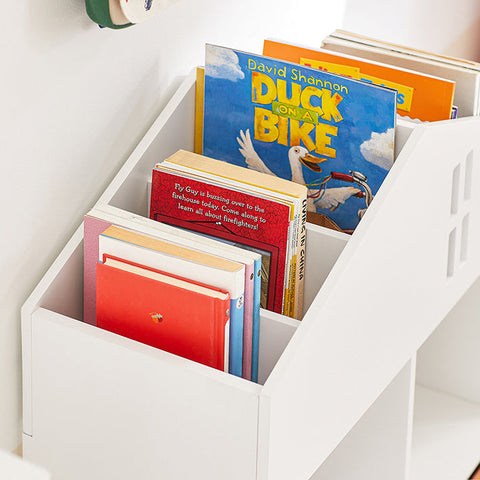Rootz Kinderboekenplank en opbergorganisator - Speelgoedplank - Boekenrek - Inclusief 4 vakken en 2 stoffen dozen - Muurbeveiligd met kantelslot - MDF en niet-geweven stof - 65 cm x 91 cm x 27 cm