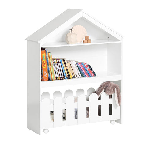 Rootz Children's Bookshelf and Storage Cart - Movable Bookcase - Kids' Shelf with Fence Design - Ample Storage Space - Secure Wall Attachment - Mobile with Lockable Wheels - 91cm x 114cm x 30cm