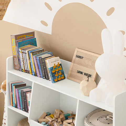Rootz Kinderboekenplank - Speelgoedkist - Opbergrek - Veilige afgeronde hoeken - Wandkantelslot - Veelzijdig gebruik - Wit - 106 cm x 104 cm x 30 cm