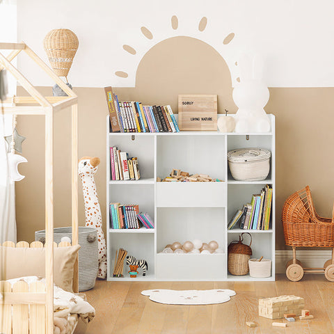 Rootz Children's Bookshelf - Toy Chest - Storage Rack - Safe Rounded Corners - Wall Tilt Lock - Versatile Use - White - 106cm x 104cm x 30cm