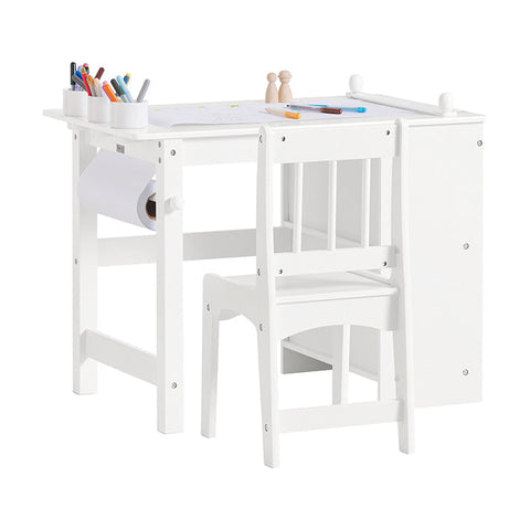 Rootz Children's Table and Chair Set - Study Desk - Activity Table - Durable MDF and Pine Construction - Storage Shelves - Paper Roll Holder - High Backrest - Dimensions: Table 80x65.5x54cm, Chair 30x64x34.5cm