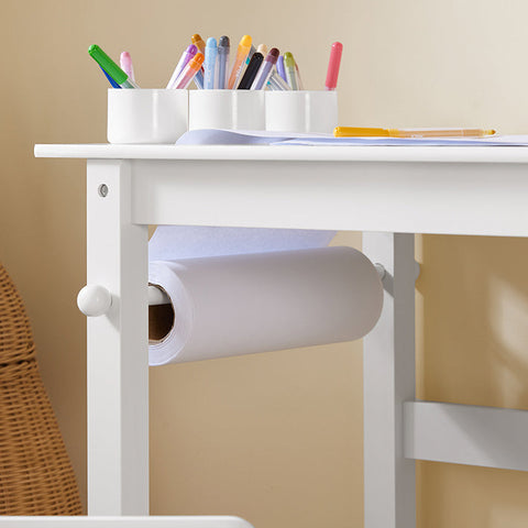 Rootz Children's Table and Chair Set - Study Desk - Activity Table - Durable MDF and Pine Construction - Storage Shelves - Paper Roll Holder - High Backrest - Dimensions: Table 80x65.5x54cm, Chair 30x64x34.5cm