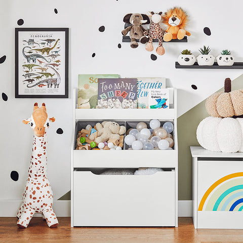 Rootz Children's Bookshelf with Toy Chest - Storage Organizer - Kids Bookcase - MDF and Fabric Construction - Easy Assembly - 63cm x 80cm x 32cm