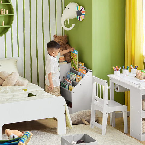 Rootz Children's Bookshelf - Toy Storage Organizer - Kids Bookcase - Durable PB(E1) Material - 5 Compartments - Label-Friendly Fabric Bins - 80cm x 61cm x 30cm